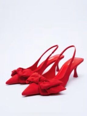 Zara Red Bow Slingback Pointed-Toe Heels,Size 38(7.5)